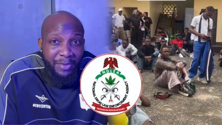 BBNaija’s Tuoyo appears beside detained clubgoers after NDLEA raid in Lagos, with the agency’s emblem displayed in the centre.