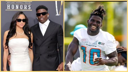 Side-by-side photos showing NFL player Tyreek Hill with his wife posing on the red carpet at an NFL event, and Tyreek Hill smiling in his Miami Dolphins training uniform during practice.