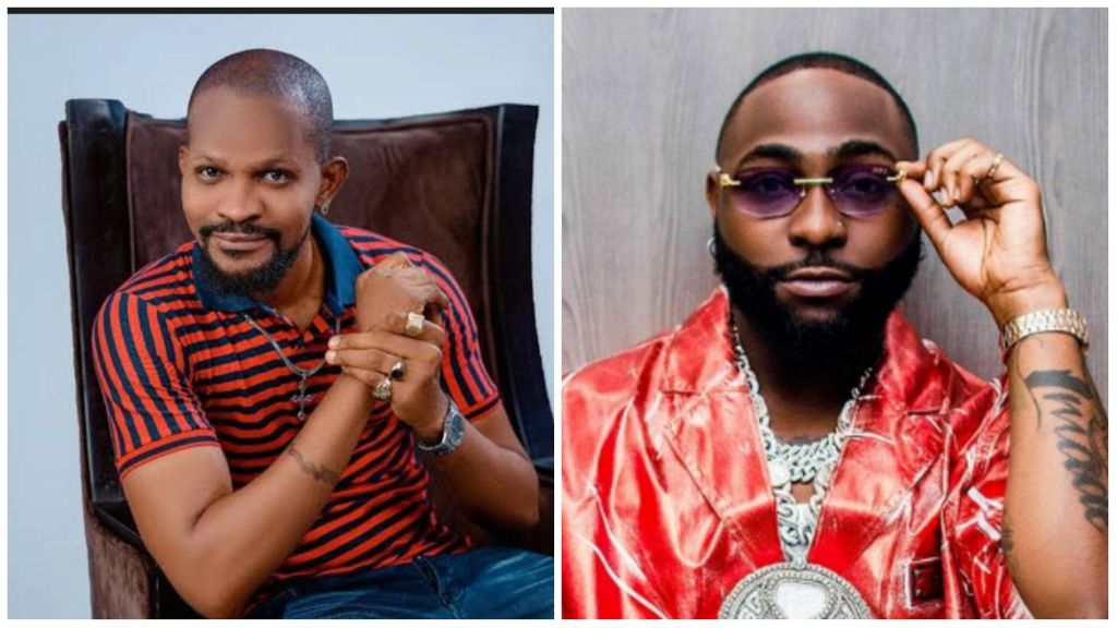 Actor Uche Maduagwu, dressed in a red and navy striped polo shirt, poses with folded hands on a chair, while singer Davido appears in a red silk outfit with jewellery and tinted glasses, adjusting his frames confidently.