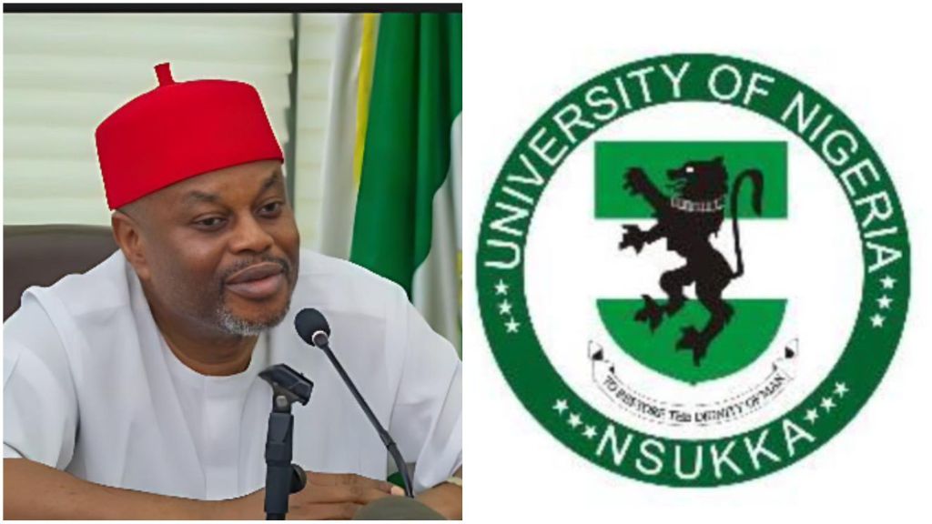 Minister of Innovation, Science and Technology, Uche Nnaji, pictured beside the official logo of the University of Nigeria, Nsukka.