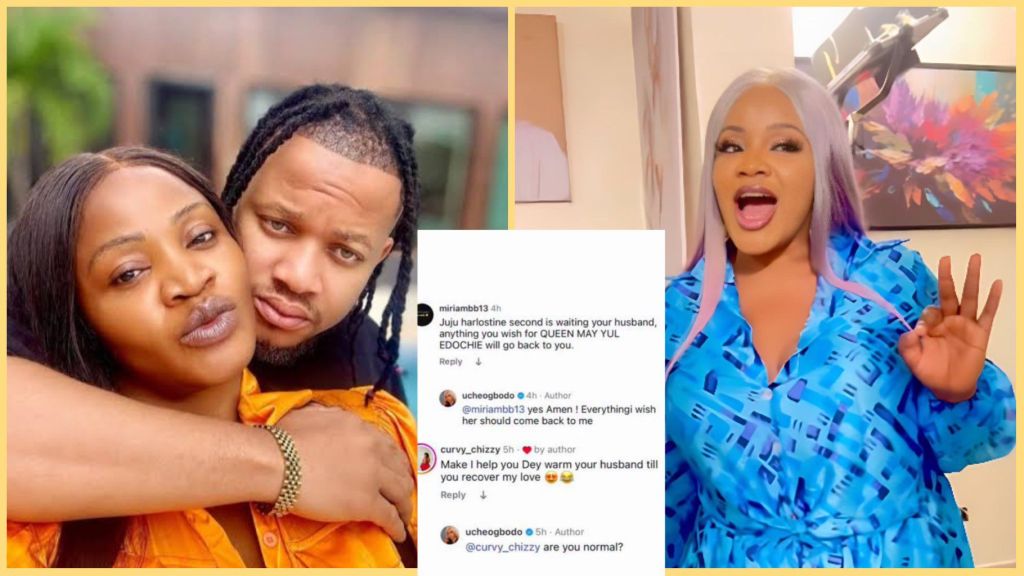 Nollywood actress Uche Ogbodo appears with her husband, Bobby Maris, in a cosy outdoor photo, alongside a second image showing her smiling in a bright blue patterned outfit. The collage also includes screenshots of her recent Instagram exchange where she rebuked a fan who offered to “warm” her husband during her recovery from surgery.