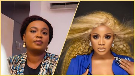Side-by-side photo of Nollywood actresses Maureen Solomon and Uche Ogbodo, showing Solomon in a patterned jacket with a calm look, and Ogbodo with long blonde curls in a blue outfit posing confidently.