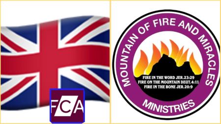 Split image showing the United Kingdom flag on the left with an FCA (Financial Conduct Authority) logo overlay, and the official Mountain of Fire and Miracles Ministries (MFM) emblem on the right, symbolising a UK regulatory action involving the church