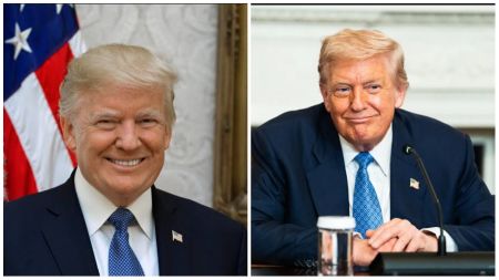 Donald Trump smiling in two side-by-side portraits — one official photo with the U.S. flag in the background, and another during a meeting, wearing a navy suit and blue tie.