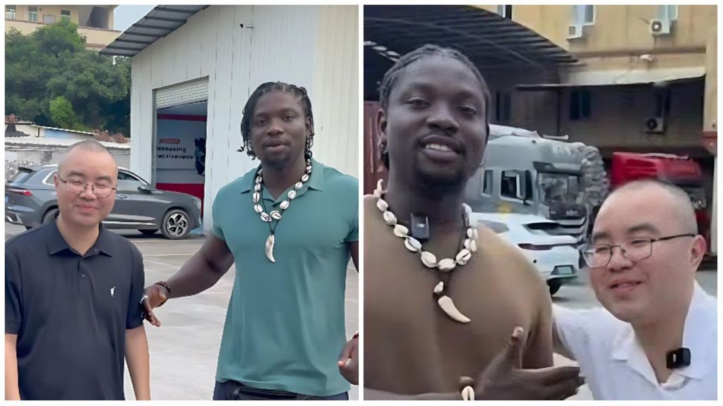 VeryDarkMan and Ross Boss pose together outdoors in two side-by-side photos, smiling and standing near parked cars and industrial buildings. Both appear casual; VeryDarkMan wears shell necklaces while Ross Boss wears glasses and a polo shirt.