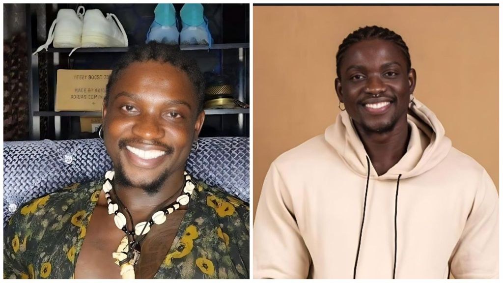 Nigerian social media activist VeryDarkMan in two portraits — on the left wearing a patterned shirt and shell necklace while smiling indoors, and on the right in a beige hoodie against a plain background, also smiling.