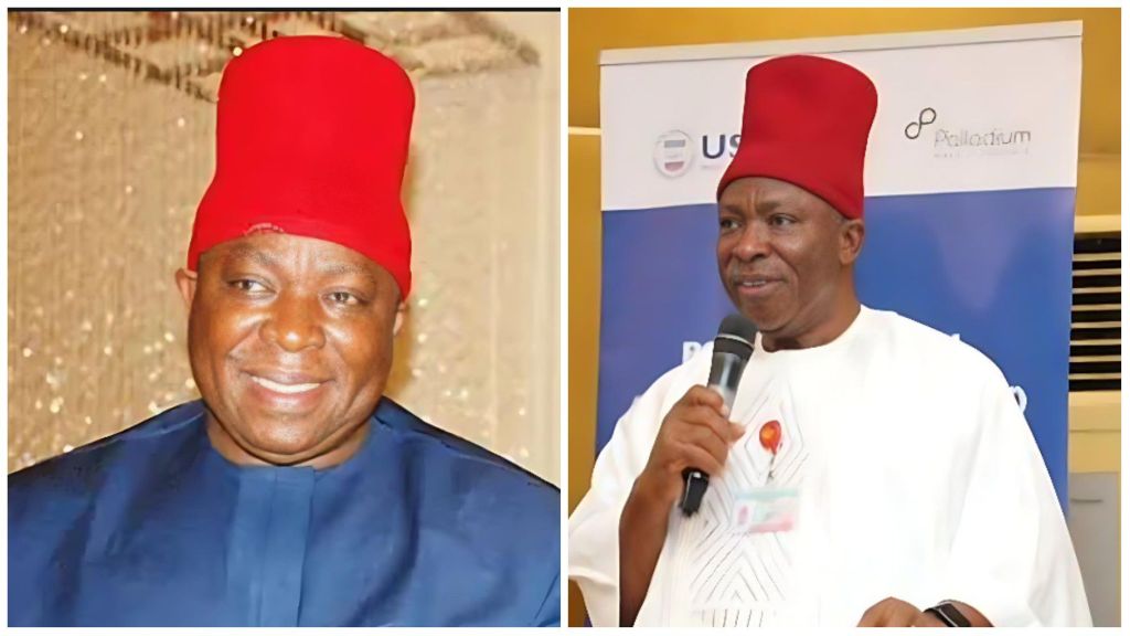 Senator Victor Umeh seen in two photos wearing a traditional red Igbo cap — in one, smiling in a navy outfit, and in the other, speaking at an event while dressed in a white attire and holding a microphone.