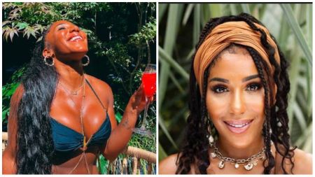 Left: Victoria Everest smiling brightly outdoors in a black bikini top, holding a glass of red cocktail under the sun. Right: Close-up of Victoria Everest wearing a brown headwrap and necklace, with long braided hair and radiant makeup.