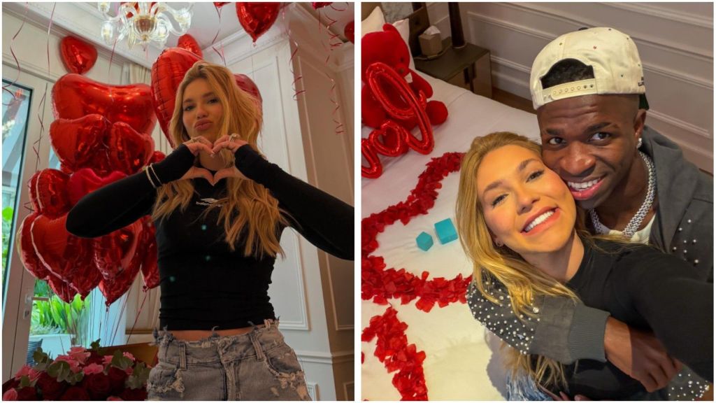 Side-by-side photos show Brazilian influencer Virginia Fonseca posing in a room filled with red heart balloons and later smiling beside Real Madrid footballer Vinícius Júnior on a bed decorated with red rose petals arranged in a heart shape.