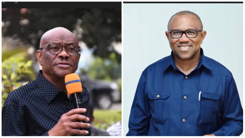 Side-by-side photos showing Nyesom Wike speaking into a microphone on the left, and Peter Obi smiling in a blue shirt on the right.