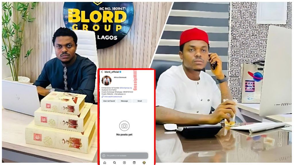 Nigerian entrepreneur BLord (Linus Williams Ifejika) sits at his office desk in Lagos in two separate shots — one wearing a dark traditional outfit beside a stack of luxury perfume boxes, and another dressed in a white attire with a red cap while on a phone call. In the centre is a screenshot showing his now-inaccessible verified Instagram profile displaying “User not found” and “No posts yet.”