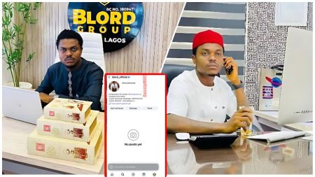 Nigerian entrepreneur BLord (Linus Williams Ifejika) sits at his office desk in Lagos in two separate shots — one wearing a dark traditional outfit beside a stack of luxury perfume boxes, and another dressed in a white attire with a red cap while on a phone call. In the centre is a screenshot showing his now-inaccessible verified Instagram profile displaying “User not found” and “No posts yet.”