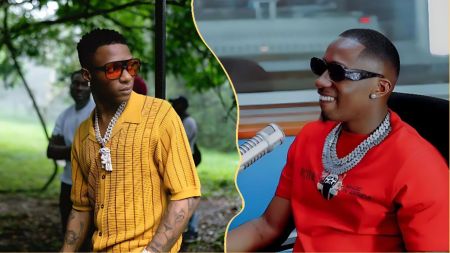 Side-by-side collage showing Nigerian singer Wizkid wearing a mustard-yellow shirt and sunglasses outdoors, and Tanzanian musician Juma Jux smiling in a red T-shirt and dark shades during a radio interview.
