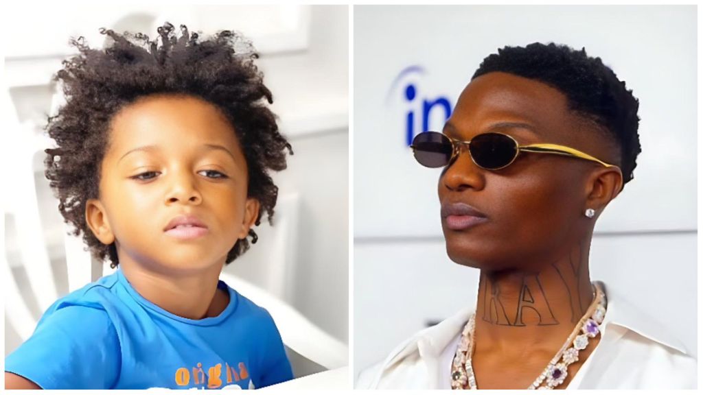 Wizkid’s son captured in a playful moment wearing a blue T-shirt, paired with a portrait of Nigerian singer Wizkid dressed in a white shirt, layered chains, and sunglasses at an event.