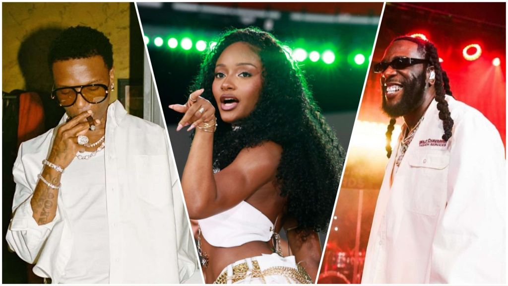Collage featuring Wizkid, Ayra Starr, and Burna Boy. Wizkid is dressed in white and holding a cigar, Ayra Starr performs energetically in a white outfit, and Burna Boy smiles on stage under red lights.