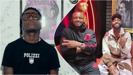 Wizkid poses in a black “Polizei” shirt beside a signed wall, while Isreal DMW sits next to Davido in a casual lounge setting.