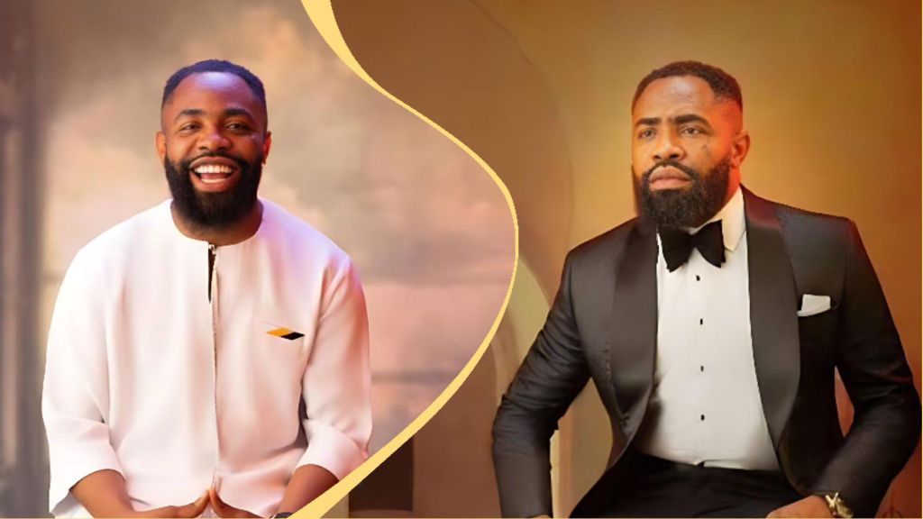 Side-by-side portraits of Nigerian comedian and actor Woli Arole smiling in a white native outfit on the left and posing in a black tuxedo on the right, set against warm-toned backgrounds divided by a curved gold line.