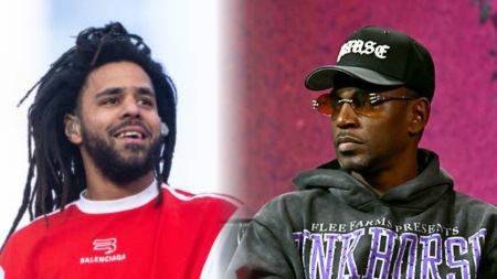 Side-by-side image showing J. Cole smiling in a red Balenciaga sweatshirt and Cam’ron wearing a black cap, sunglasses, and dark hoodie during a public appearance.