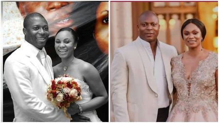 Former Nigerian footballer Yakubu Aiyegbeni and his alleged ex-wife pose together in wedding photos. The first image shows the couple on their wedding day, smiling and holding a bouquet of flowers, while the second shows them dressed elegantly in modern attire.