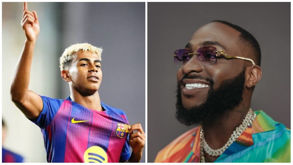 Side-by-side image showing Spanish footballer Lamine Yamal in his FC Barcelona jersey raising a hand, and Nigerian singer Davido smiling in colourful attire with gold chains.