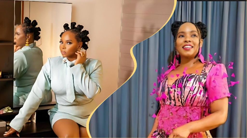 Nigerian singer Yemi Alade poses in two vibrant outfits — one in a pastel suit with bantu knots and another in a pink patterned dress — showcasing her bold fashion style and confidence.
