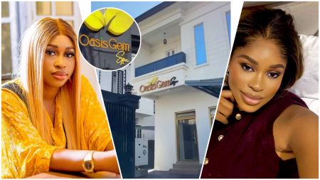 Collage featuring Nigerian actress Yetunde Barnabas, her new Oasis Gem Spa building in Lagos, and the spa’s branded signboard with yellow leaf logo.