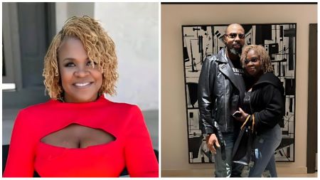 Yinka Theisen smiles warmly in a red dress with a front cutout in one photo, while in another, she poses beside actor Linc Edochie, both wearing casual black outfits and sunglasses indoors.
