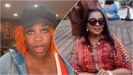 Side-by-side collage showing Yinka Theisen speaking indoors with orange locs and a black cap, and Rita Edochie sitting outdoors in sunglasses and a red patterned outfit.