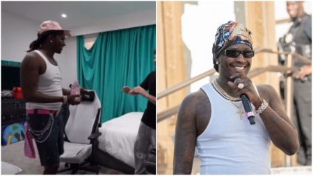 Side-by-side collage of American rapper Young Thug. On the left, he is seen indoors wearing a white tank top, denim shorts, a pink cap, and holding a pink drink bottle. On the right, he performs outdoors in a white tank top, accessorised with layered chains, a colourful headscarf, dark sunglasses, and a microphone in hand while smiling.