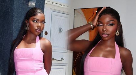 BBNaija Season 10 housemate Zita poses in a pink halter dress, showcasing sleek long hair and gold earrings in two side-by-side photos.