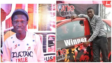 A young Zlatan Ibile smiles at an event wearing a white sweatshirt with his name printed on it, alongside another image of him posing with a red car marked “Winner” from the Airtel One Mic competition he won during his early music career.