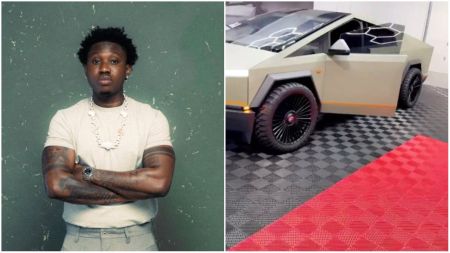 Nigerian rapper Zlatan Ibile poses confidently in a beige outfit and silver chain, while a separate photo shows a sleek matte-grey Tesla Cybertruck parked indoors on a patterned black and red floor.