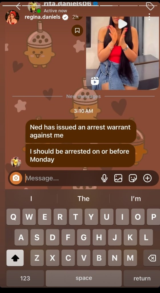 Screenshot of a WhatsApp conversation showing a message from Rita Daniels, stating an arrest warrant has been issued against her, with a timestamp of 3:10 AM and a note that she may be arrested on or before Monday.