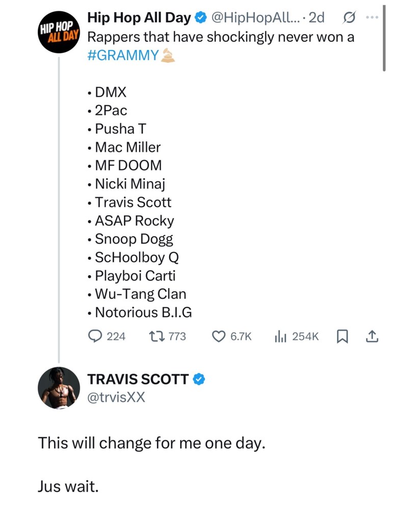Screenshot of a tweet listing rappers who have never won a Grammy, including Travis Scott, with Scott's response expressing confidence in winning in the future.