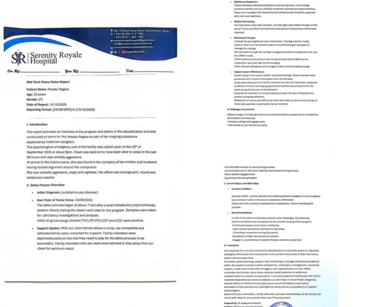 Mid-term home detox report from Serenity Royale Hospital detailing substance use disorder treatment for patient Regina Nwoko.