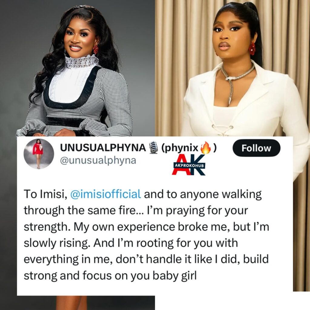 A split image featuring reality star Phyna on the left in a stylish outfit, smiling, and a text overlay on the right with her message of support to fellow star Imisi, encouraging her to stay strong and focused.