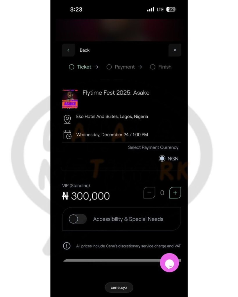 Screenshot of a ticket checkout page for Flytime Fest 2025 featuring artist Asake. Displays event details, VIP ticket price of ₦300,000, venue, and accessibility options.
