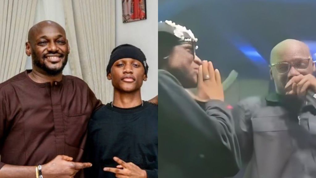 Side-by-side photos showing Nigerian singer 2Baba and his son Nino; the left image captures them posing together indoors, while the right image shows 2Baba bringing Nino on stage during a performance