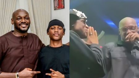 Side-by-side photos showing Nigerian singer 2Baba and his son Nino; the left image captures them posing together indoors, while the right image shows 2Baba bringing Nino on stage during a performance