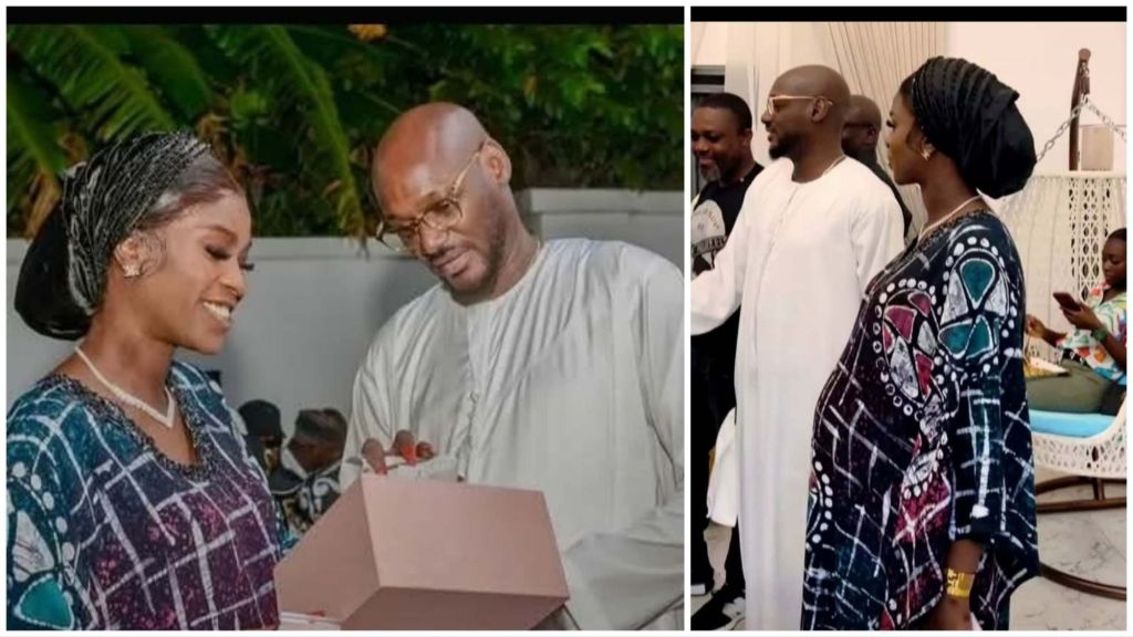 A collage showing Nigerian singer 2Baba standing beside Natasha Osawaru. In the first image, they smile while holding a gift box outdoors. In the second image, 2Baba speaks to Natasha, who appears heavily pregnant, during an indoor gathering with other people in the background.