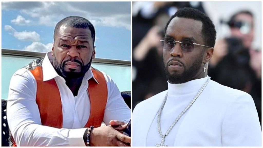 Side-by-side photos of 50 Cent and Diddy. On the left, 50 Cent sits outdoors wearing a white shirt with an orange vest, looking directly at the camera. On the right, Diddy wears a white outfit with sunglasses and a chain, posing at an event with a neutral expression.