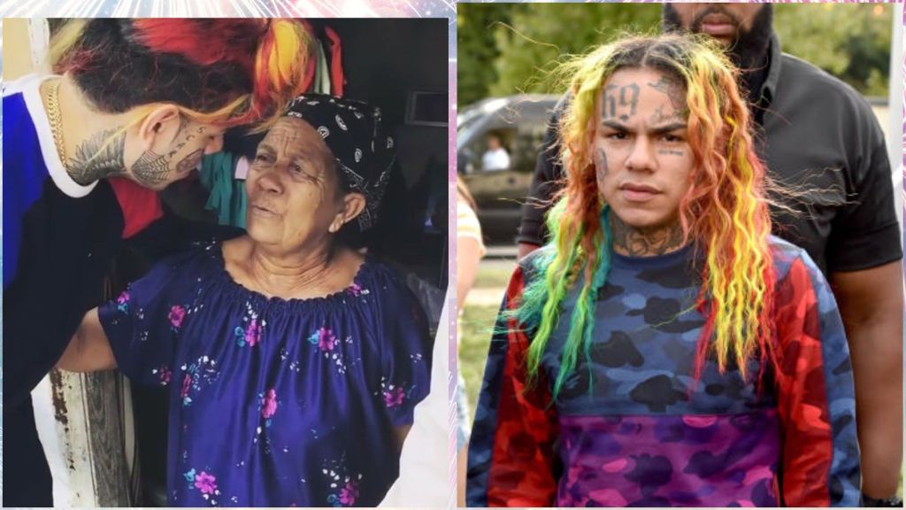 Side-by-side photos of a man with brightly colored hair and face tattoos interacting affectionately with an older woman on the left, and the same man standing outdoors with a serious expression on the right.