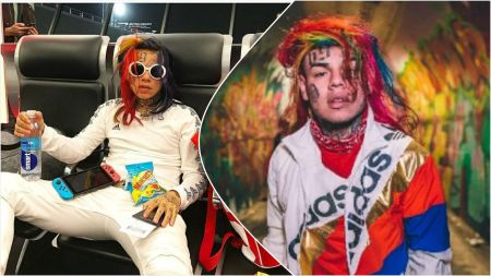 Collage showing a colorful-haired rapper sitting in an airport lounge holding a bottle of water with snacks and a handheld game console on his lap, and another image of him standing in a graffiti-covered tunnel wearing a multi-colored Adidas outfit.