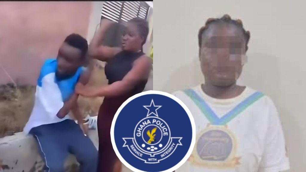 A split image showing a woman hitting a seated man in a viral video on the left, and the same woman in a police photo with her face blurred on the right, with the Ghana Police Service logo placed in the centre.
