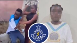 A split image showing a woman hitting a seated man in a viral video on the left, and the same woman in a police photo with her face blurred on the right, with the Ghana Police Service logo placed in the centre.