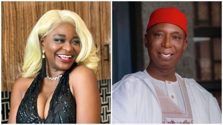 A side-by-side image showing opera singer Abiodun Koya smiling in a black outfit with blonde hair on the left, and Senator Ned Nwoko smiling in a white traditional outfit with a red cap on the right.