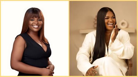 Side-by-side images of Adeife — on the left, she smiles in a sleeveless black dress with copper-brown hair against a white background; on the right, she sits in a cream suit with long straight black hair, laughing in a softly lit indoor setting.