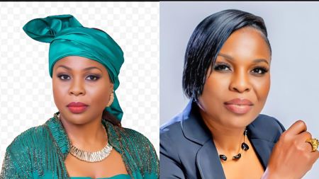 Side-by-side portraits of activist Adetoun. The left image shows her wearing a teal headwrap and matching outfit, while the right image shows her in a dark blazer with short styled hair, both photos featuring her looking directly at the camera.