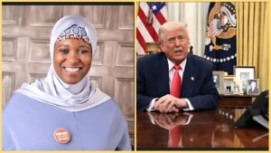 Side-by-side photo showing Nigerian activist Aisha Yesufu smiling in a light purple hijab on the left, and former U.S. President Donald Trump seated at a desk in the Oval Office on the right.
