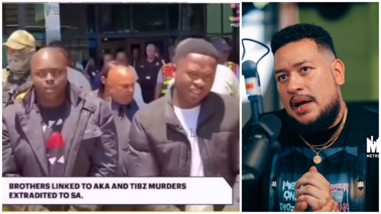 Two men, Siyabonga and Malusi Ndimande, are shown in handcuffs while being escorted by armed officers after their extradition to South Africa, placed beside a separate photo of late South African rapper AKA speaking into a microphone during an interview.